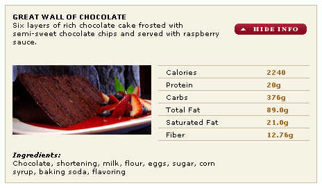 pfchangs great wall of chocolate nutrition information